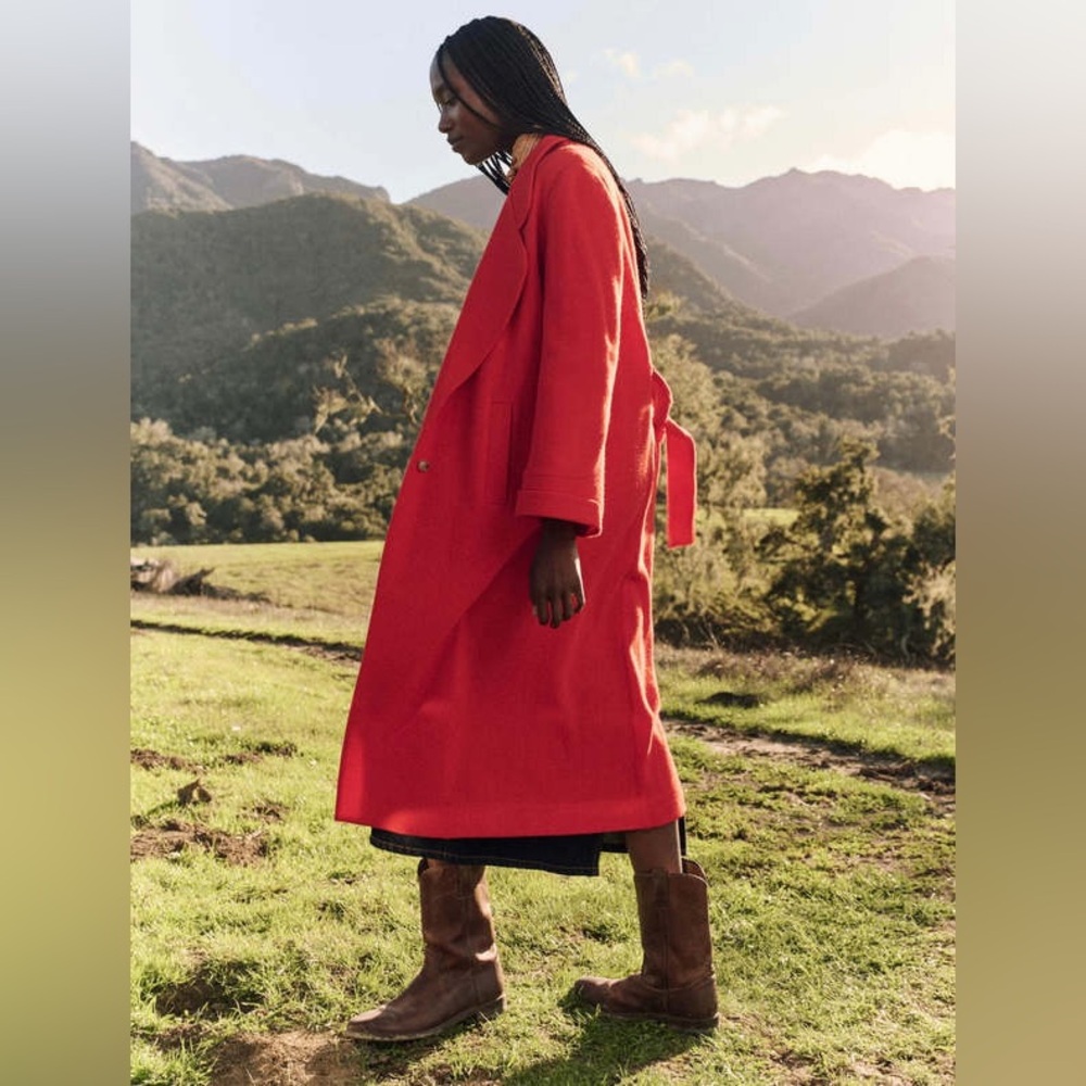 THE GREAT. Trapunto long wool hot red trench coat tie waist sz 0 XS S - Picture 2 of 13